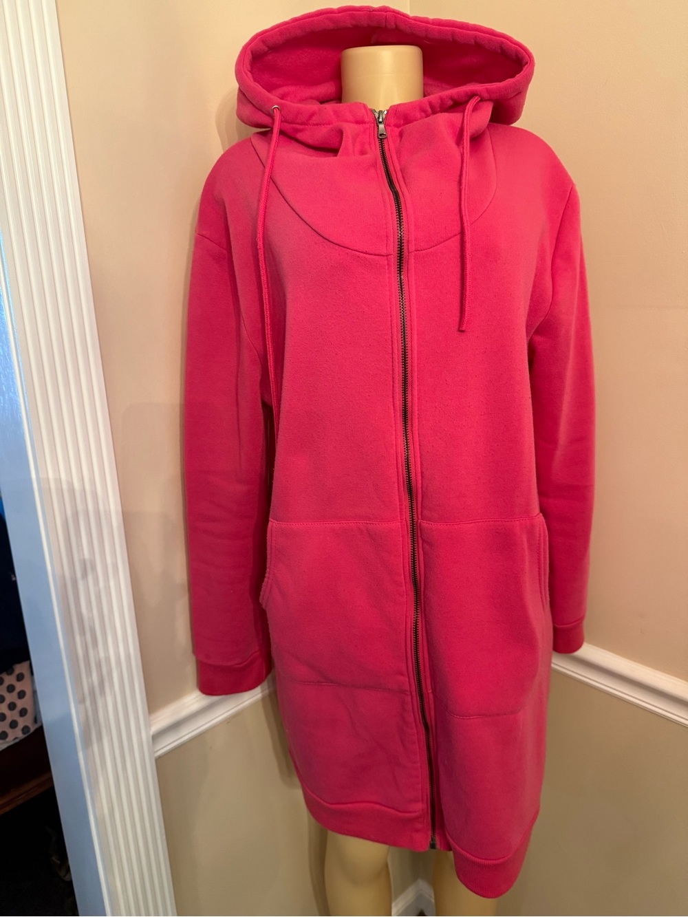 Long Hooded Zip-Up Hoodie Coat in Hot Pink